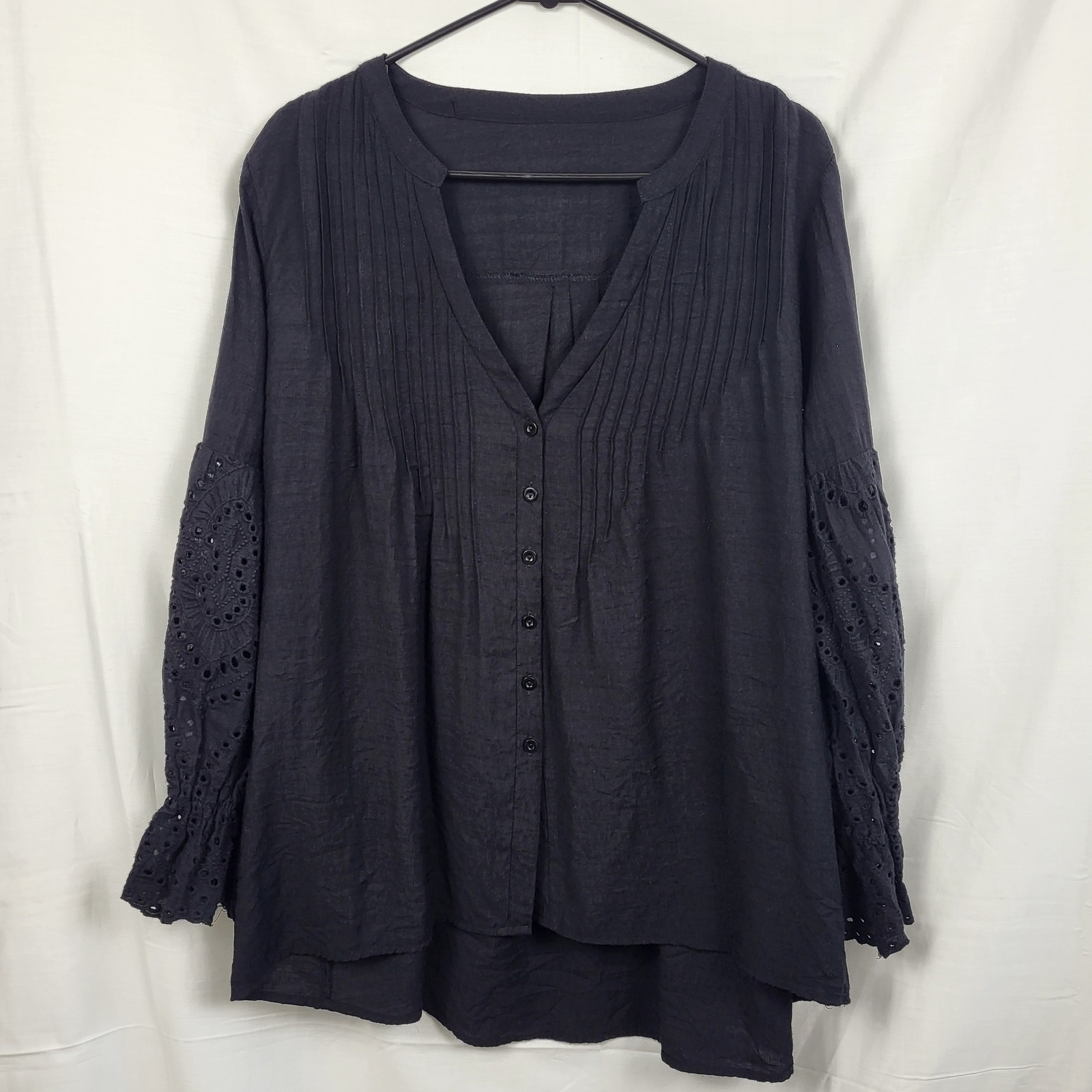 Black Eyelet Lace Balloon Sleeve Pintuck Pleated Boho Tunic Blouse Xl